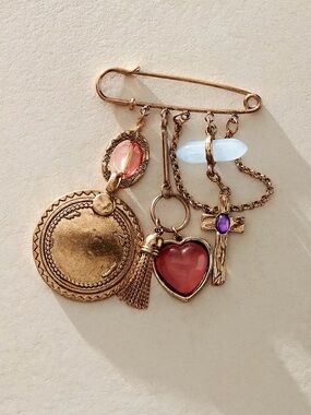 Free People Gold-Tone Charm Brooch with Pink Heart, Blue Bead & Purple Accent